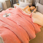 Double-sided flannel and fleece throw, coral pink with beige sherpa reverse
