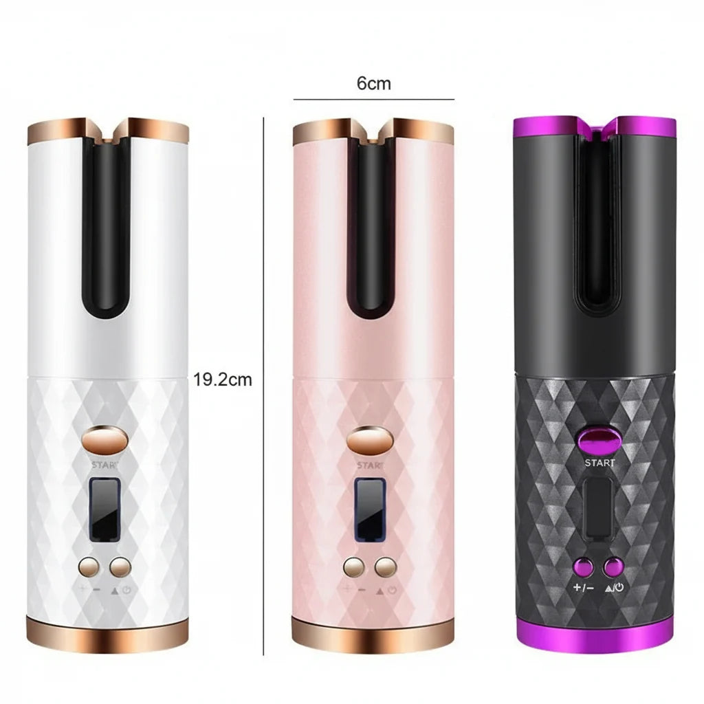Compact automatic curling iron shown in three colors, with start button and control panel