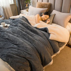 Double-sided flannel and fleece throw blanket, dark gray with beige sherpa reverse