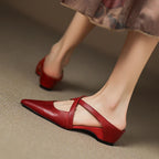 Orelia | Women's Genuine Leather Pointed Toe Mules – Cross Strap Elegant Fit-Women's Flats-Maroon-4-