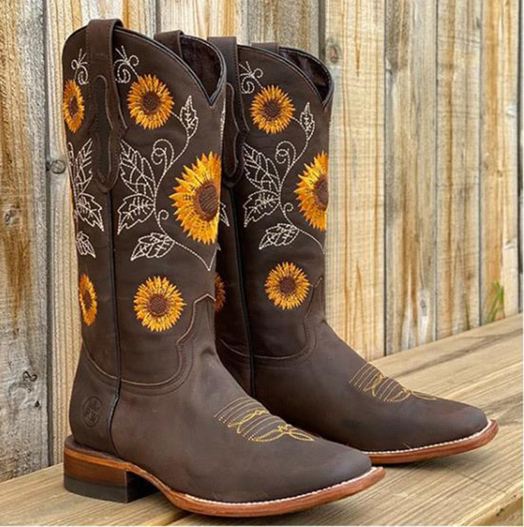 Ēden | Women's Floral Block Heel Boots - Embroidered Ankle Booties with Side Zipper