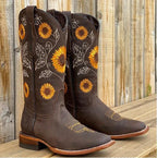 Ēden | Women's Floral Block Heel Boots - Embroidered Ankle Booties with Side Zipper