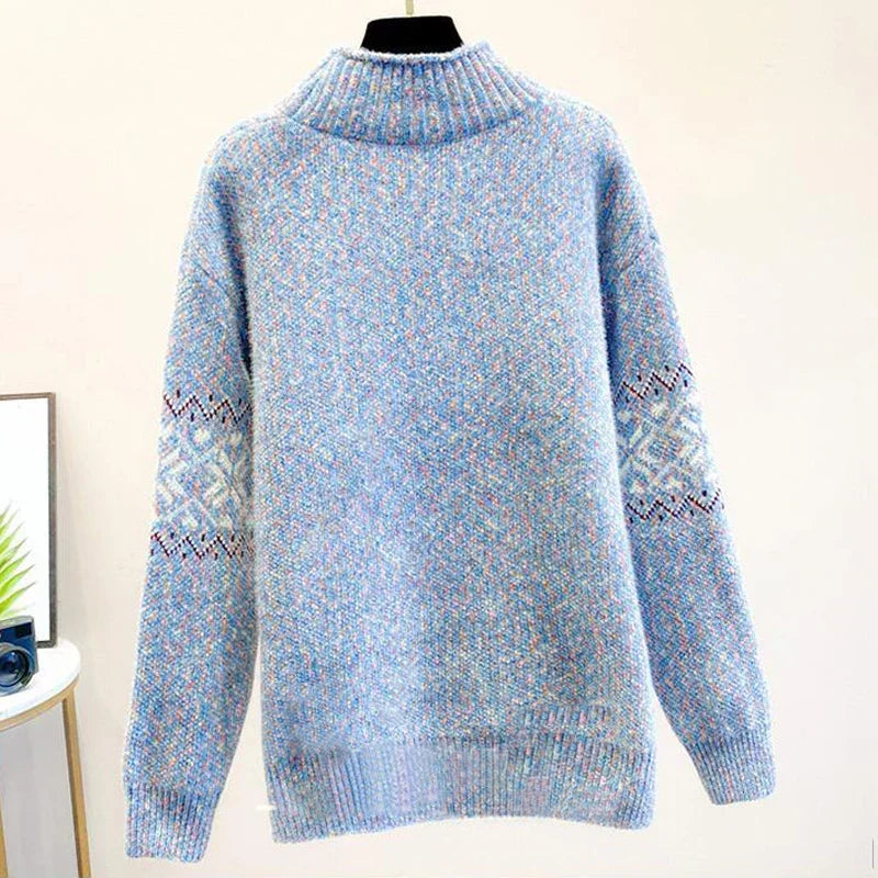 Women’s high turtleneck sweater in light blue, ribbed knit with patterned sleeves