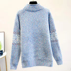 Women’s high turtleneck sweater in light blue, ribbed knit with patterned sleeves
