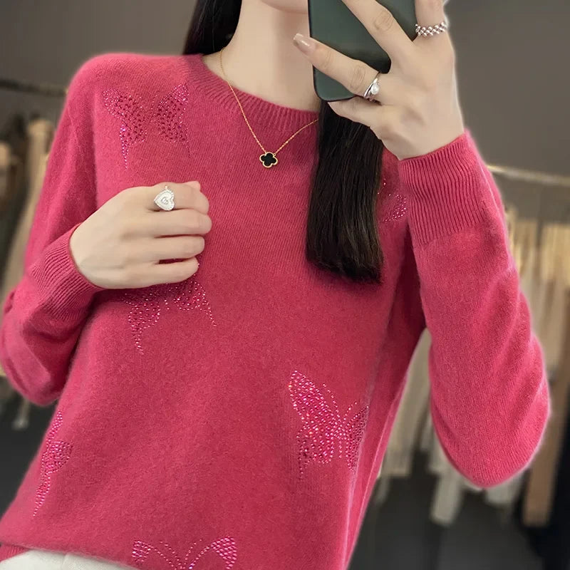 Pamelo | Women's Butterfly Knit Sweater - Long Sleeve Embellished Pullover with Ribbed Trim
