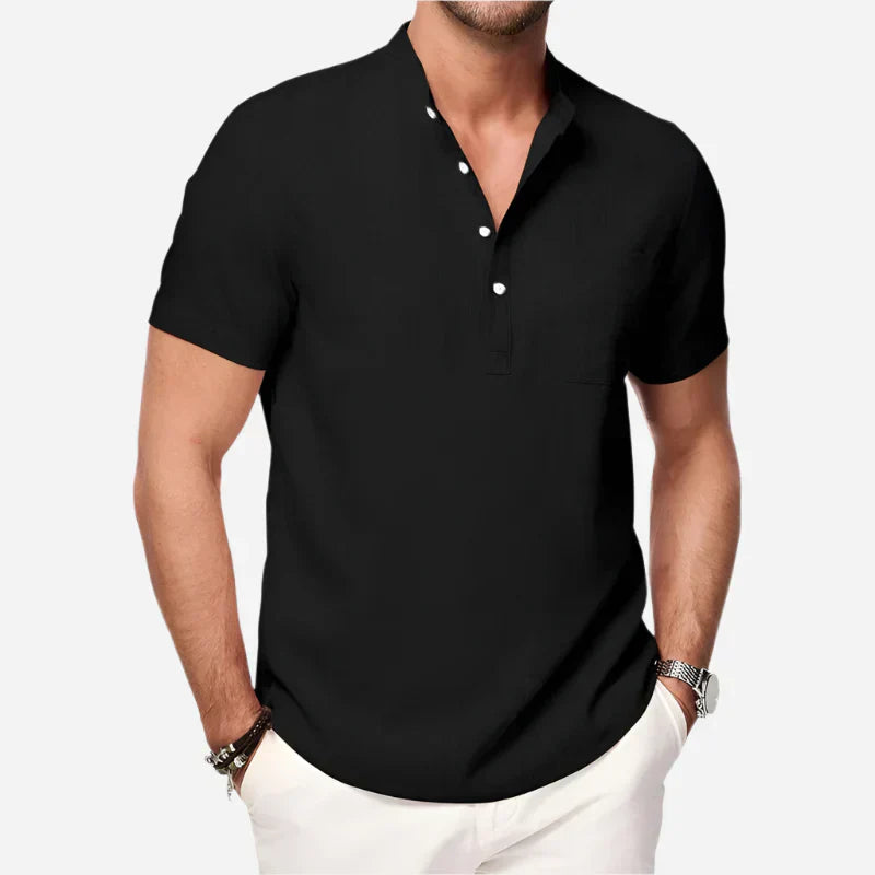 Cazaro | Henley Shirt for Men - Short Sleeve Grandad Collar Chest Pocket Regular Summer Fit-Men's Henley Shirt-Black-S-Camoufit
