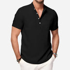Cazaro | Henley Shirt for Men - Short Sleeve Grandad Collar Chest Pocket Regular Summer Fit-Men's Henley Shirt-Black-S-Camoufit
