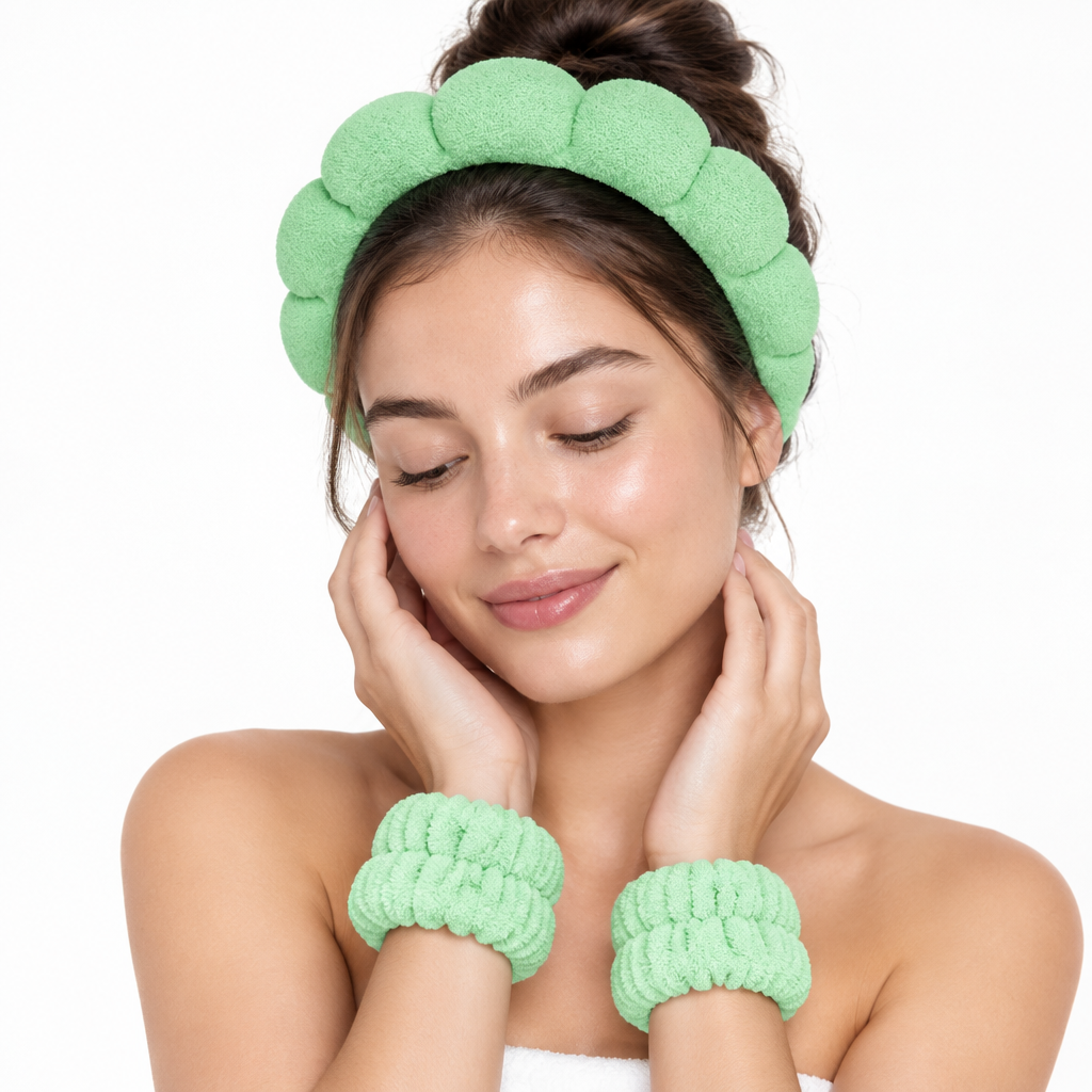 Plush green headband and wristband set for face washing