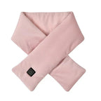 Pink heated neck warmer scarf with control button patch, cross-fold design.