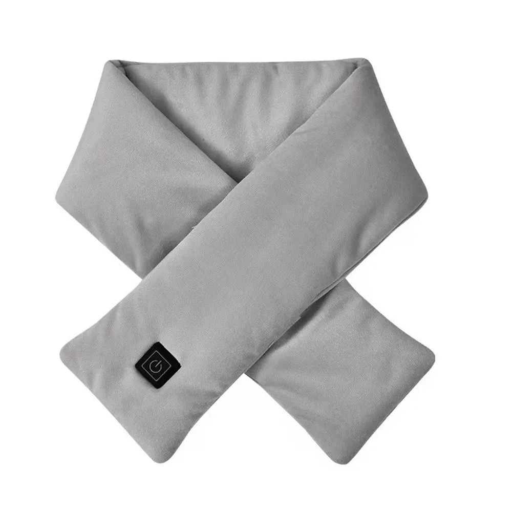 Gray heated neck warmer scarf with control button patch, cross-fold design.