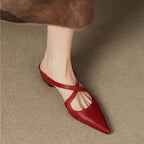 Orelia | Women's Genuine Leather Pointed Toe Mules – Cross Strap Elegant Fit-Women's Flats-Maroon-4-