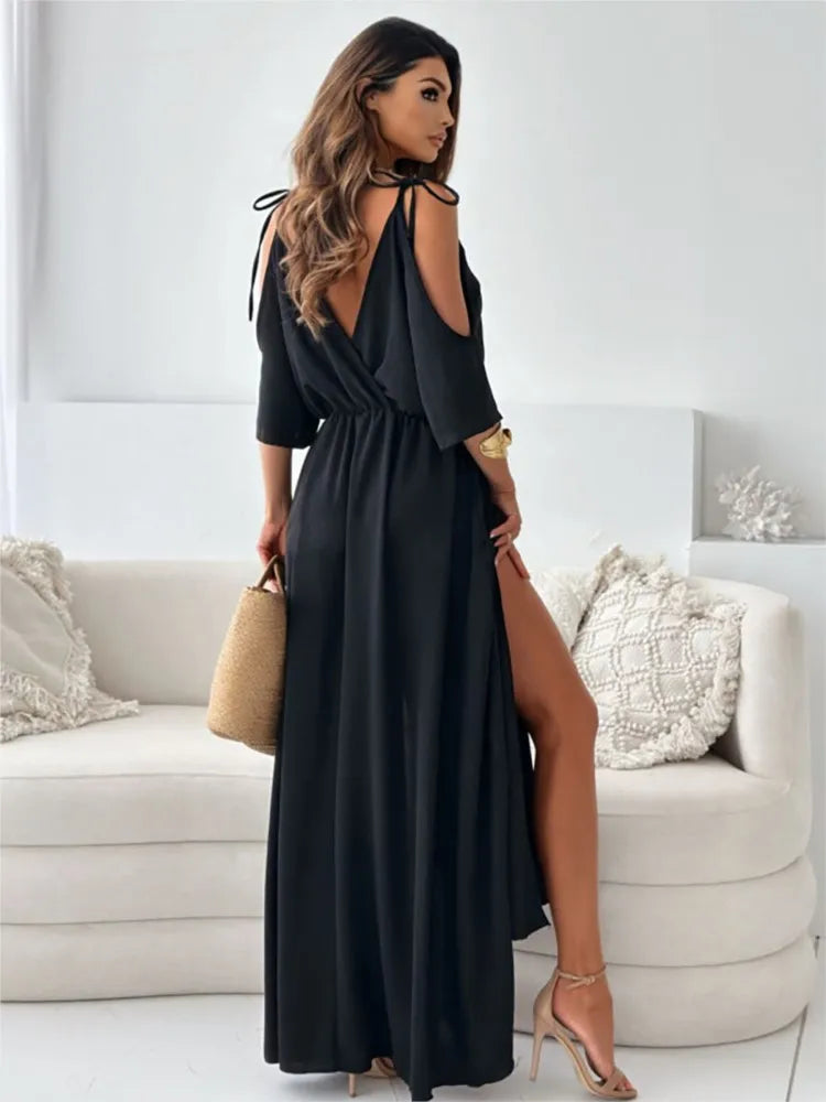 Rosavie | Cold Shoulder Maxi Dress for Women - V Neck Wrap Elasticated Slit Regular Fit-Dresses-Black-S-Camoufit