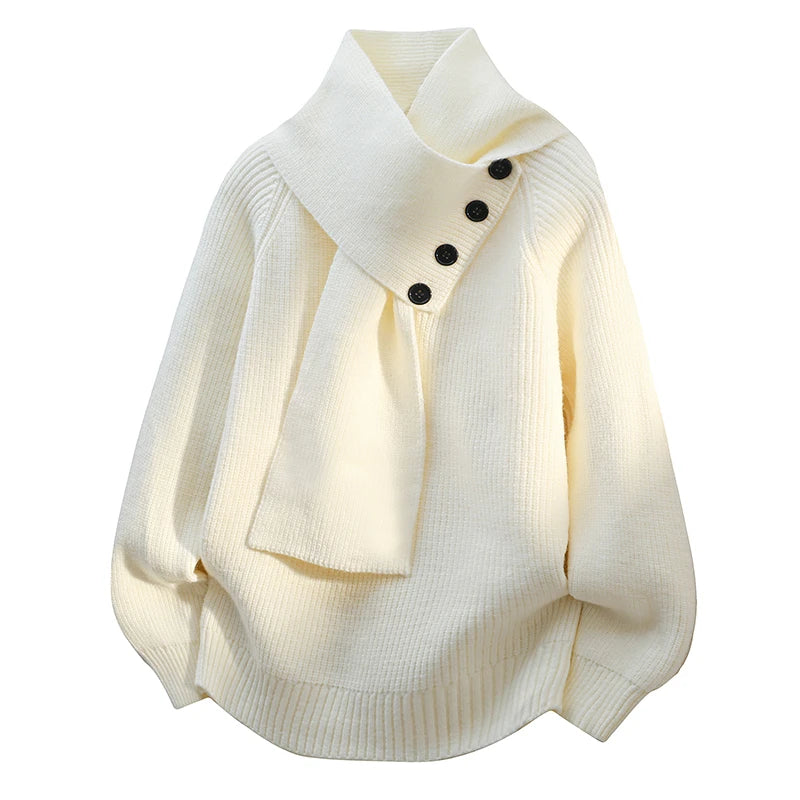 Women’s off-white knit sweater with attached scarf-style neckline and three-button placket