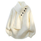 Women’s off-white knit sweater with attached scarf-style neckline and three-button placket