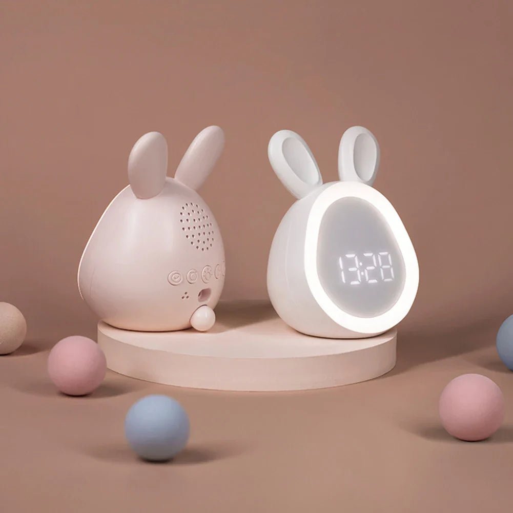 White and pink bunny-shaped kids alarm clocks with LED night lights and digital time