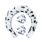 Dalmatian plush spa headband with matching wrist towels, dark spots on white.
