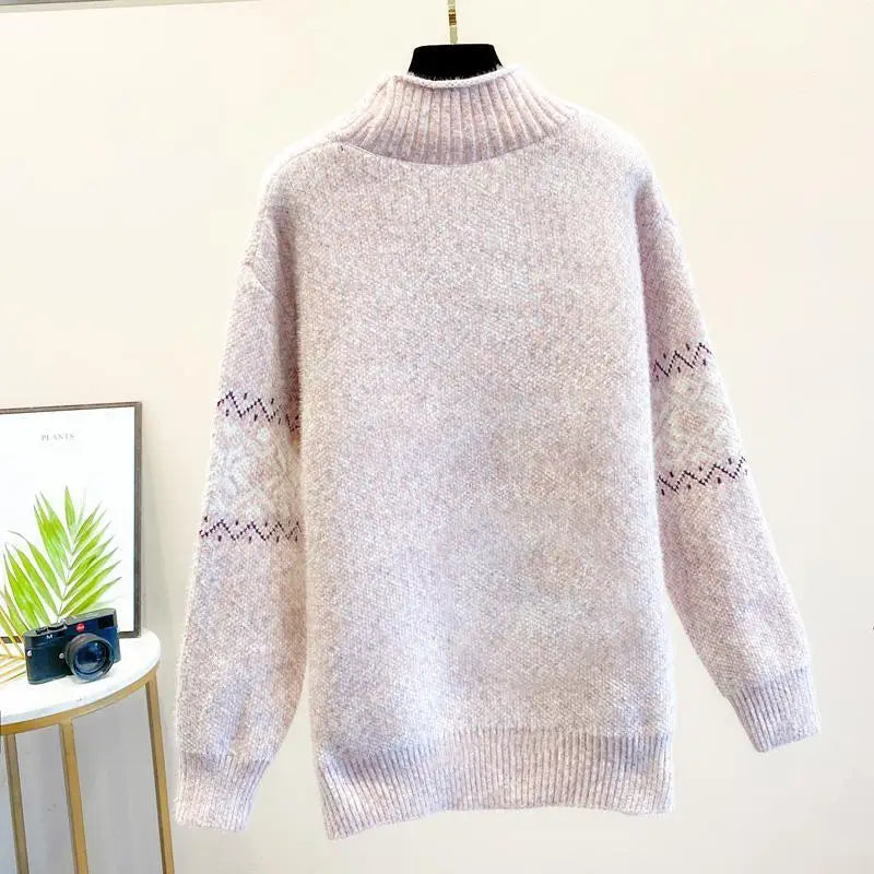 Women’s high turtleneck sweater in light beige, soft knit with patterned cuffs