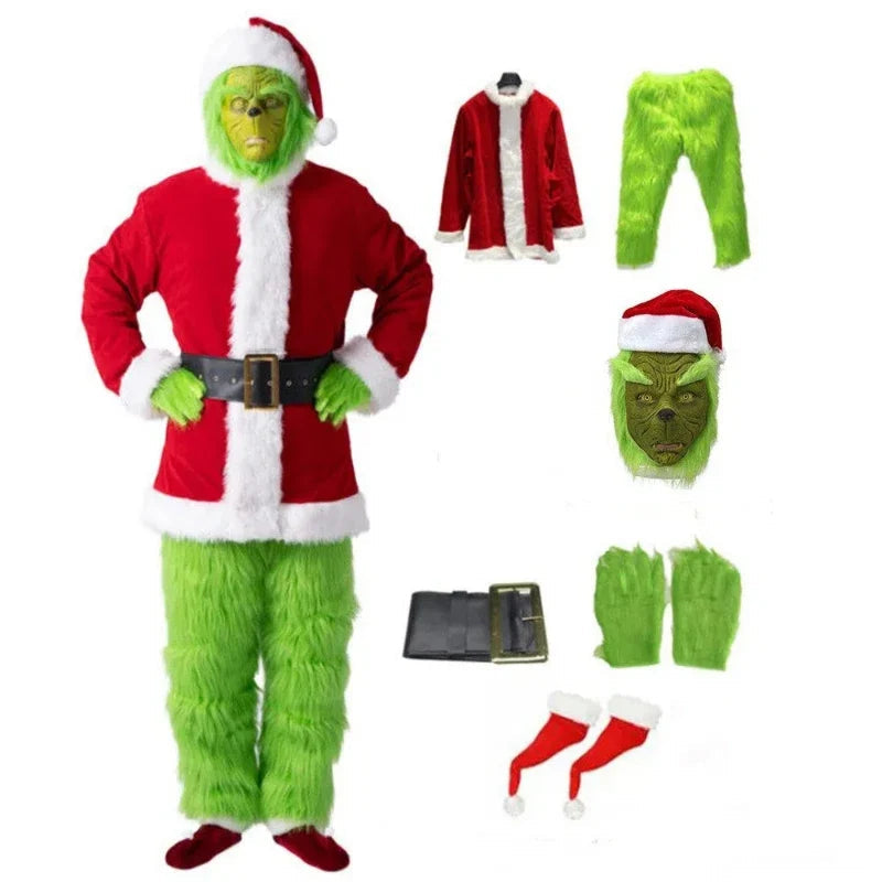 Adult Christmas costume set: red coat with white trim, green fuzzy pants, belt, Santa hat
