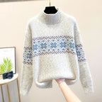 Women’s high turtleneck sweater in cream, knit with blue patterned chest yoke