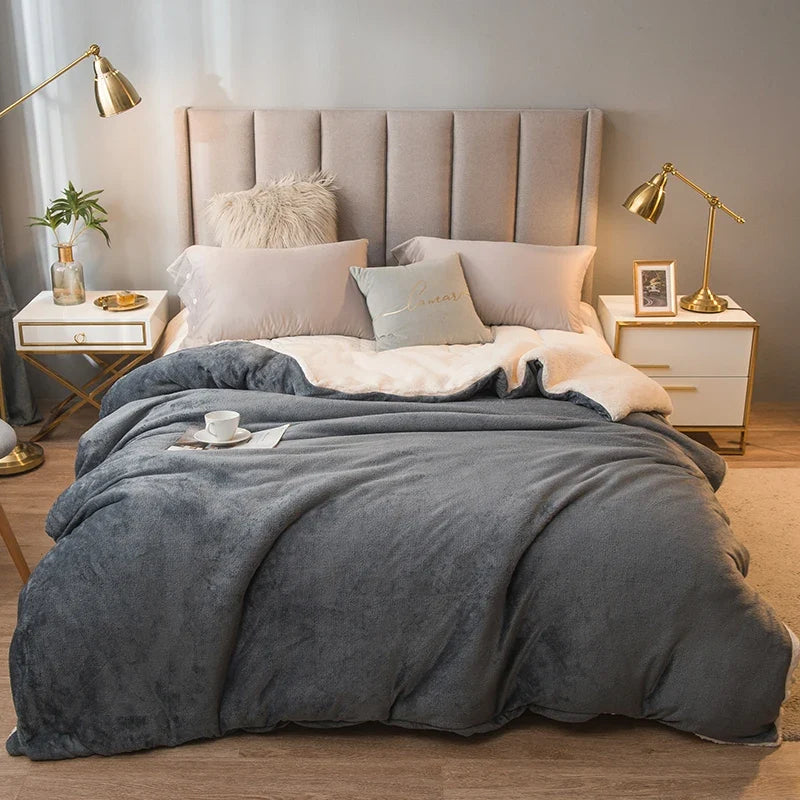 Double-sided flannel and fleece throw blanket, dark gray with beige sherpa reverse