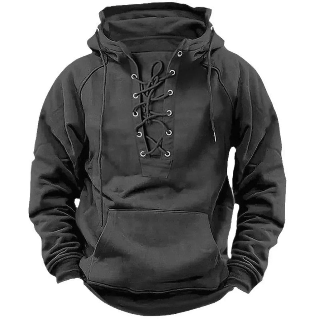 Men's gray lace-up hooded sweatshirt with lace-up neckline and kangaroo pocket