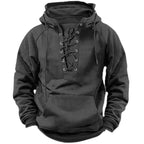Men's gray lace-up hooded sweatshirt with lace-up neckline and kangaroo pocket