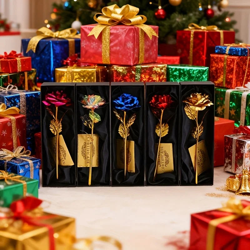 Gold Foil Eternal Rose Flower with Gift Box & Greeting Card - Artificial Forever Rose Decor Gifts for Valentine's Day, Mother's Day & Anniversaries