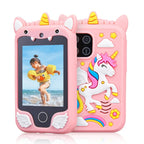 Pink unicorn phone case with a child playing in the water on a screen