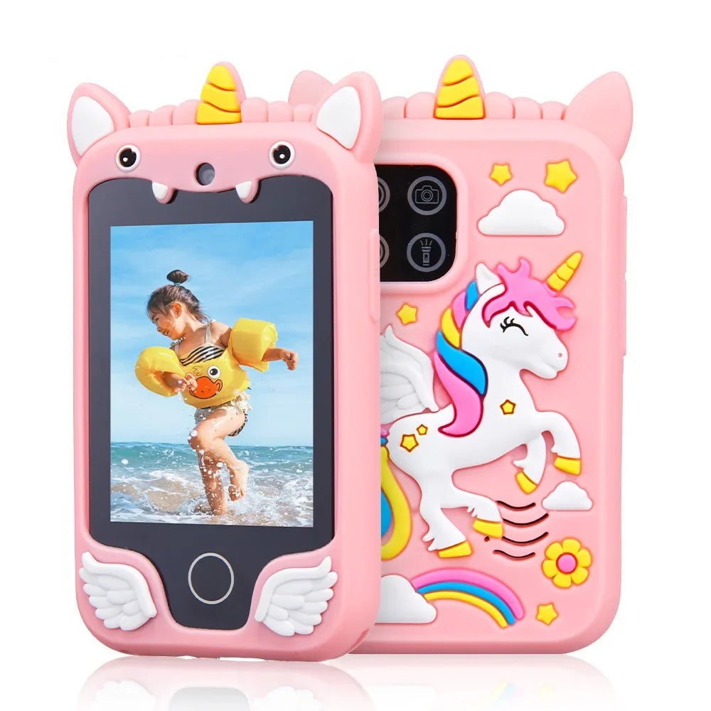 Pink unicorn phone case with a child playing in the water on a screen