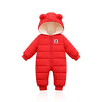 Red hooded baby snowsuit romper with bear ears, zip front, padded quilted fabric