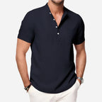 Cazaro | Henley Shirt for Men - Short Sleeve Grandad Collar Chest Pocket Regular Summer Fit-Men's Henley Shirt-Navy Blue-S-Camoufit