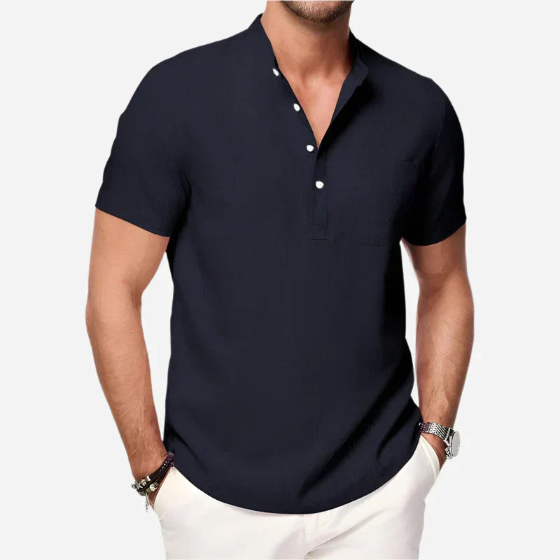 Cazaro | Henley Shirt for Men - Short Sleeve Grandad Collar Chest Pocket Regular Summer Fit-Men's Henley Shirt-Navy Blue-S-Camoufit