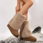 Women’s tall platform boots with plush beige cuffs and tan brown lug soles