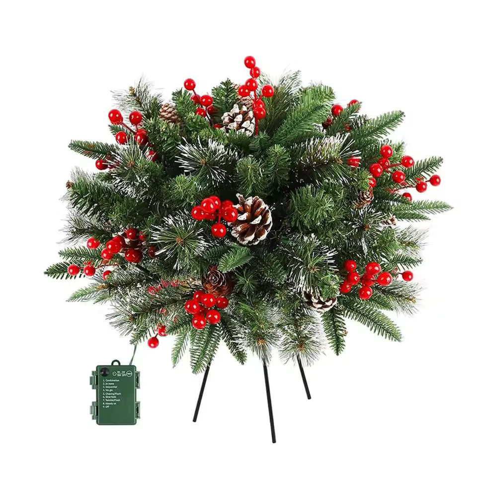 Lighted Christmas wreath planter insert: green pine, red berries, pinecone, and yellow LEDs