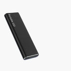 Black portable external SSD with aluminum housing and USB-C port, slim rectangular design.