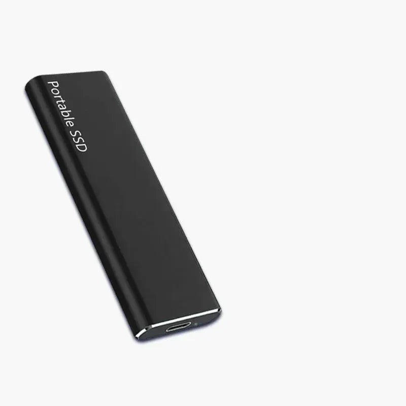 Black portable external SSD with aluminum housing and USB-C port, slim rectangular design.
