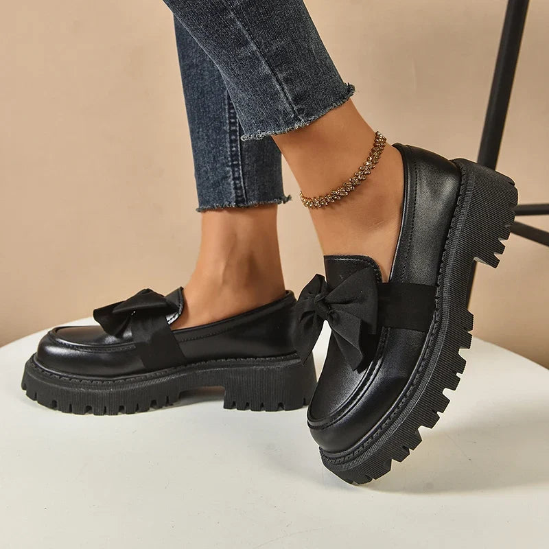 Novara | Chunky Platform Shoes for Women - Butterfly Bow High-Gloss Leather Trendy Fit-Women's Flats-Matte Black-4-Camoufit