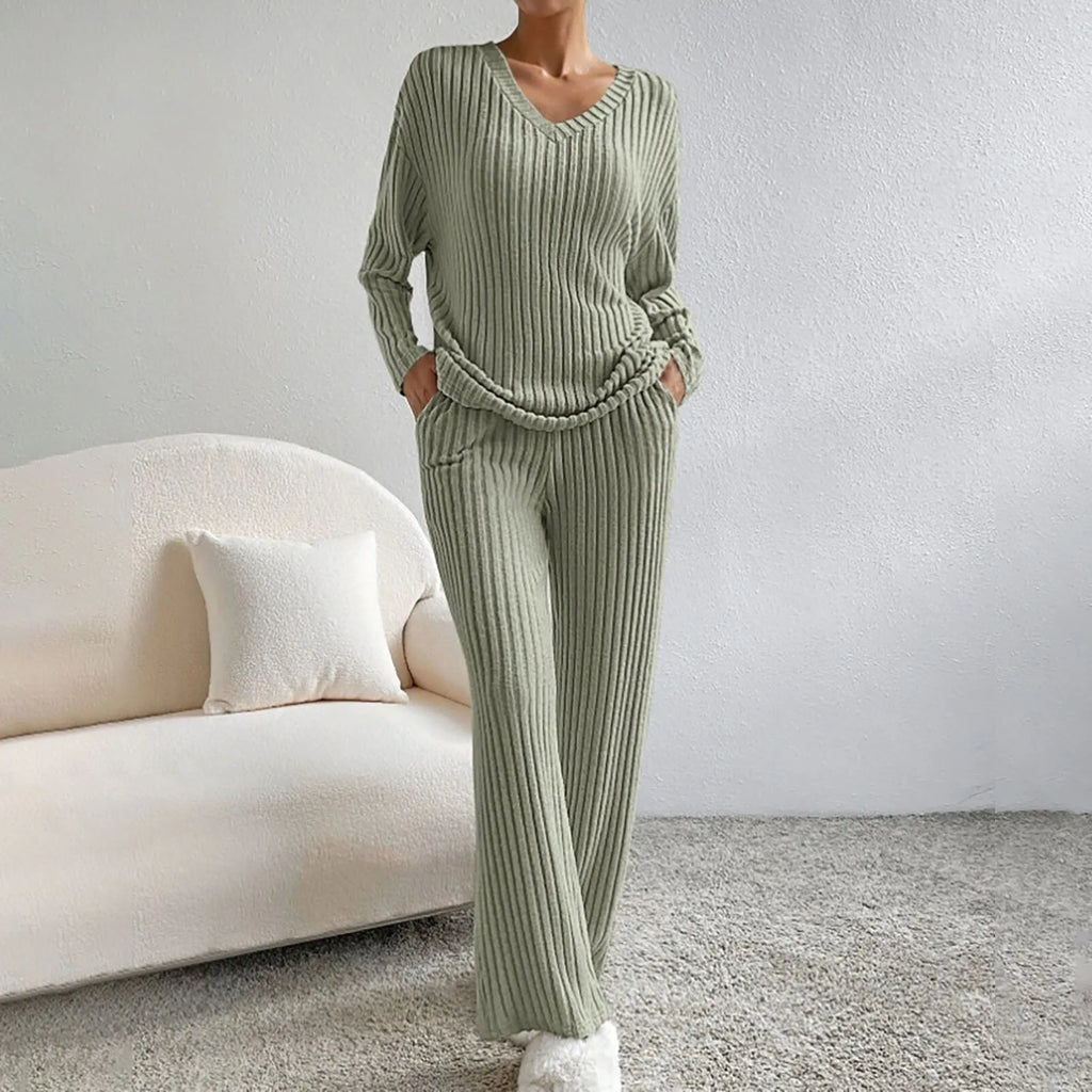 Amélis | Soft Knit Set for Women - V Neck Ribbed Sweater Trousers Relaxed Cosy Two Piece Fit-Loungewear set-Green-S-Camoufit
