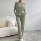 Amélis | Soft Knit Set for Women - V Neck Ribbed Sweater Trousers Relaxed Cosy Two Piece Fit-Loungewear set-Green-S-Camoufit