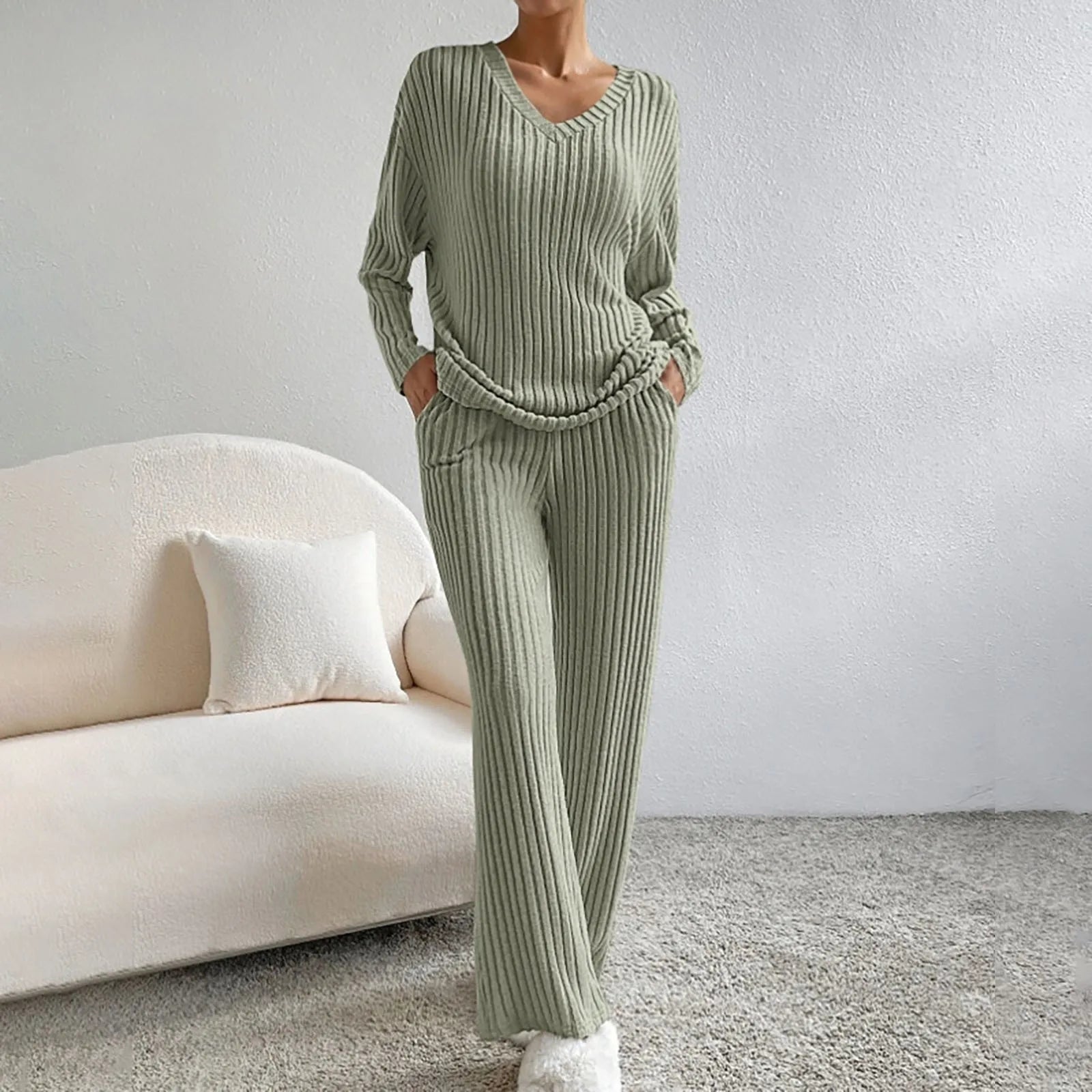 Amélis | Soft Knit Set for Women - V Neck Ribbed Sweater Trousers Relaxed Cosy Two Piece Fit-Loungewear set-Green-S-Camoufit