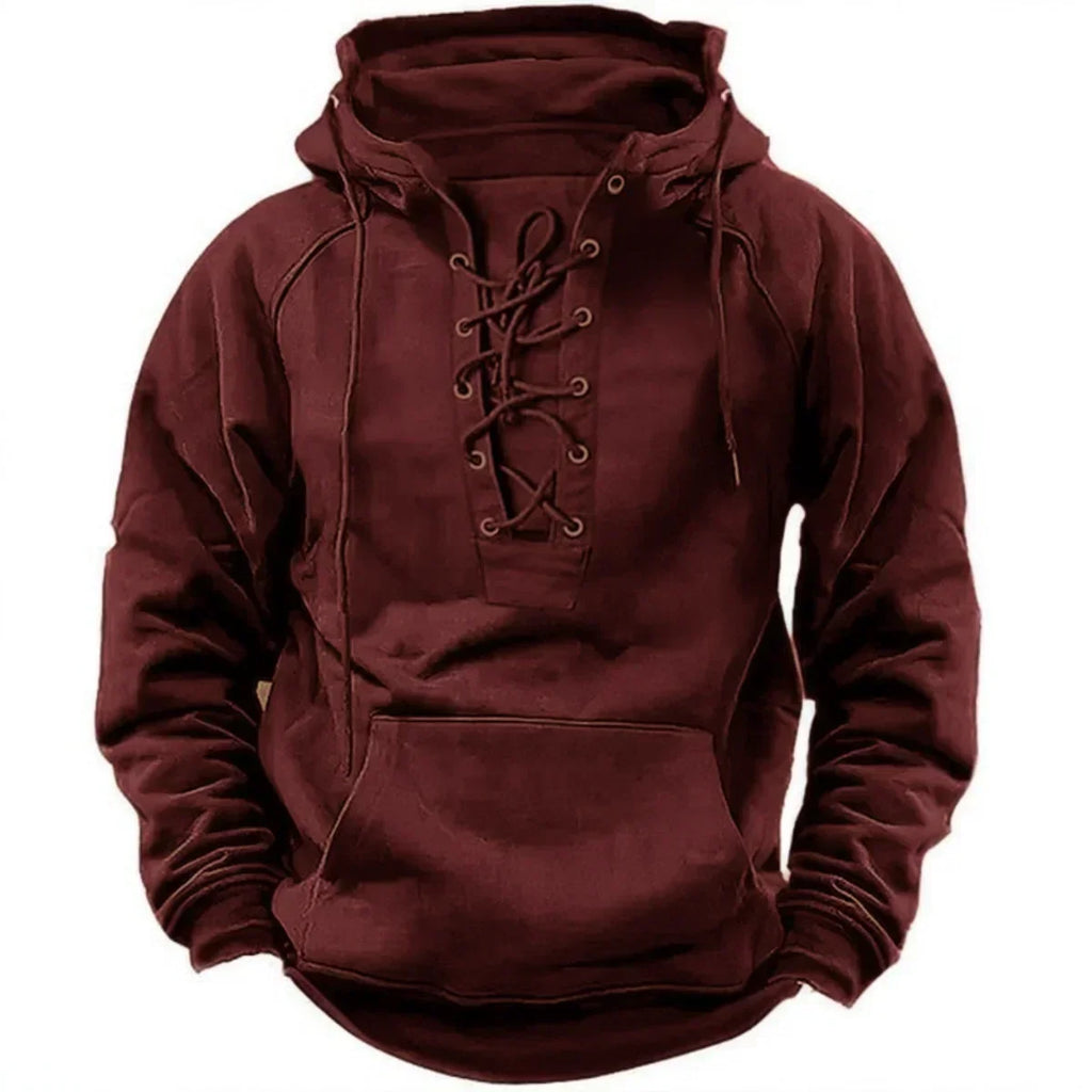Men's maroon lace-up hooded sweatshirt with lace-up neckline and kangaroo pocket