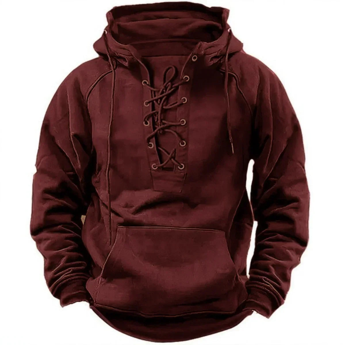 Men's maroon lace-up hooded sweatshirt with lace-up neckline and kangaroo pocket