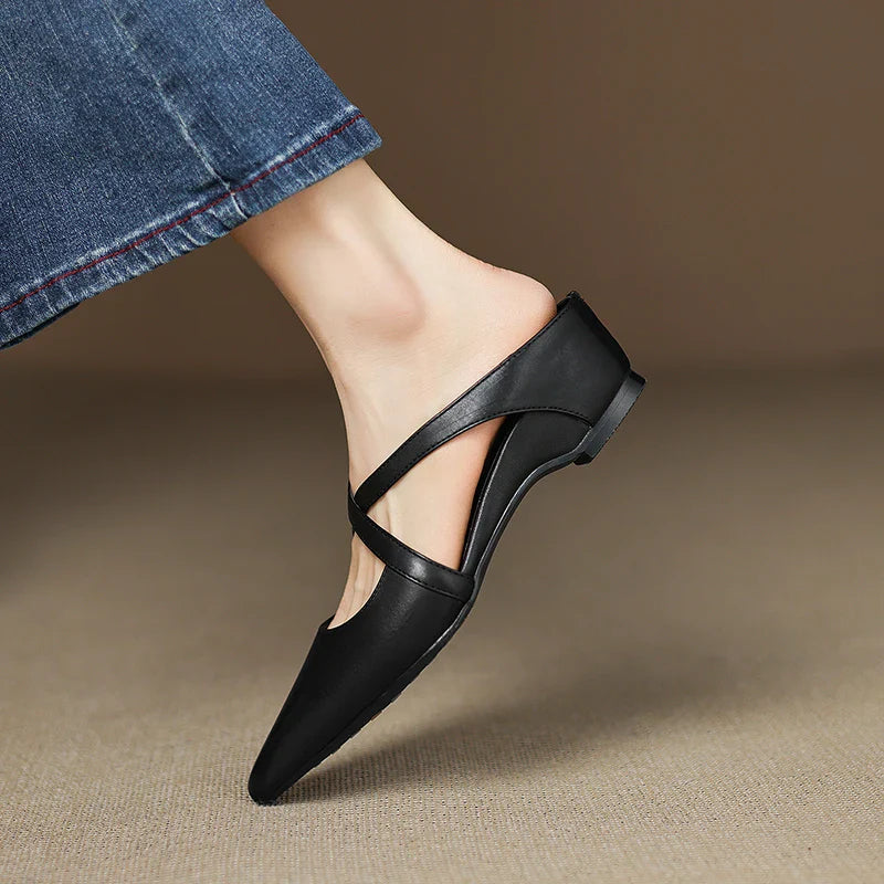 Orelia | Women's Genuine Leather Pointed Toe Mules – Cross Strap Elegant Fit-Women's Flats-Maroon-4-
