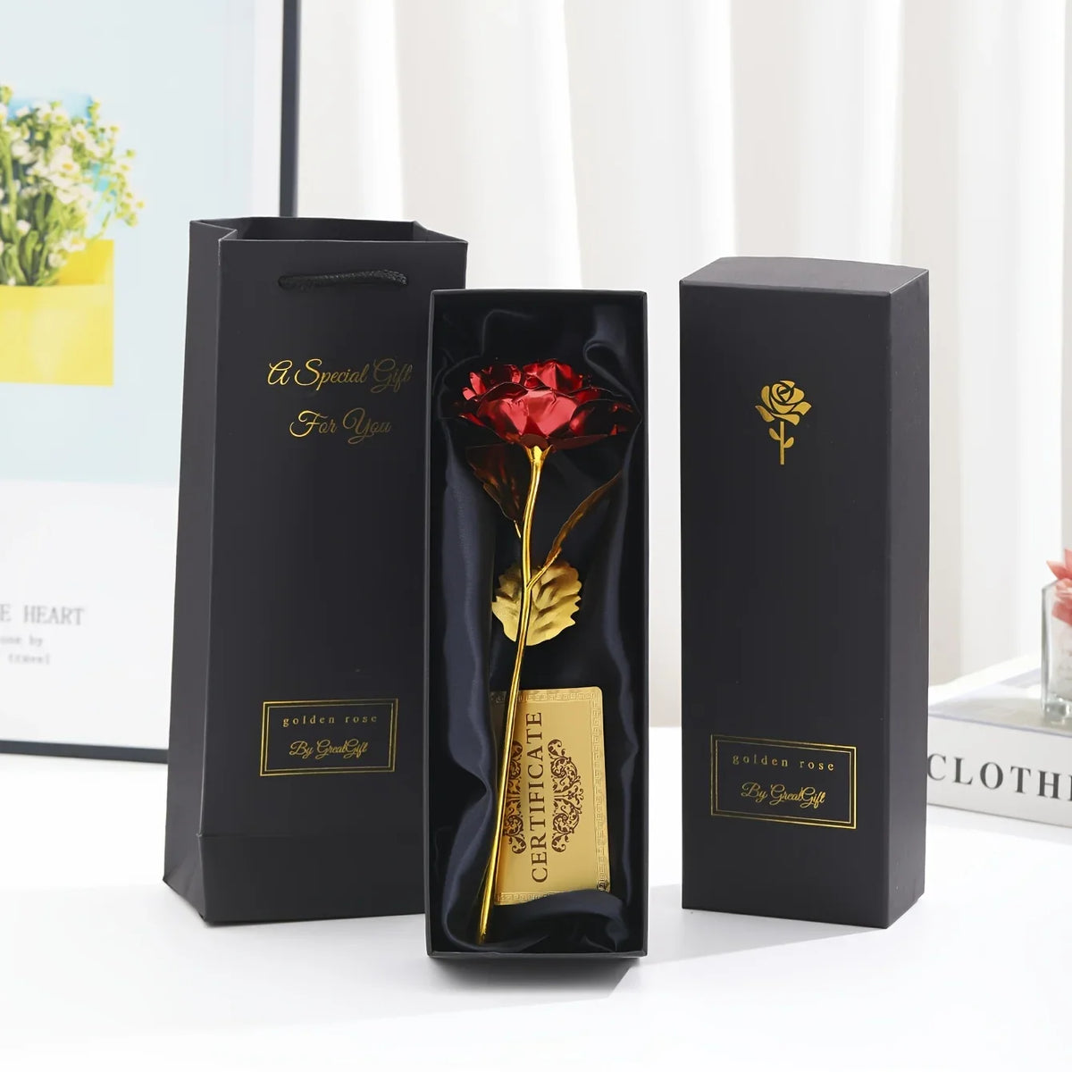 Gold Foil Eternal Rose Flower with Gift Box & Greeting Card - Artificial Forever Rose Decor Gifts for Valentine's Day, Mother's Day & Anniversaries