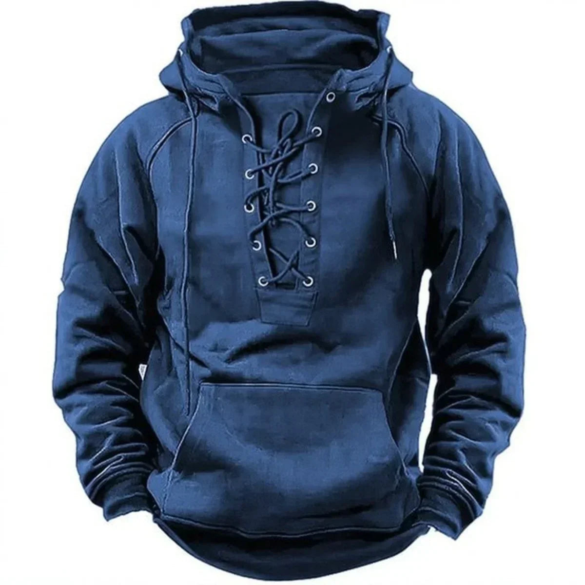 Men's blue lace-up hooded sweatshirt with lace-up neckline and kangaroo pocket