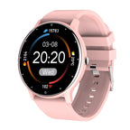 Pink slim smartwatch with round display and soft silicone wrist strap
