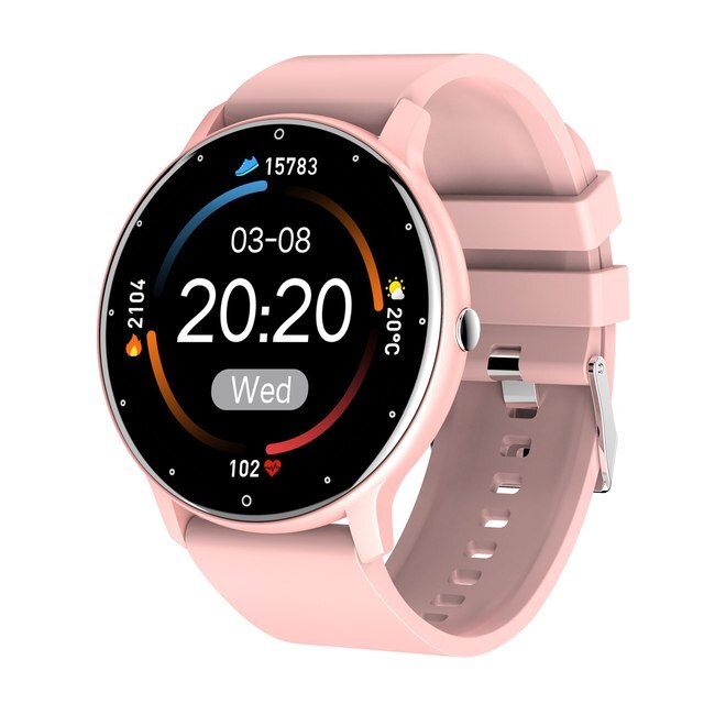 Pink slim smartwatch with round display and soft silicone wrist strap