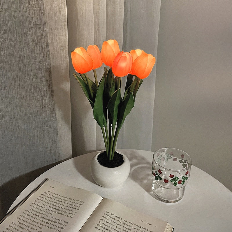 Handmade artificial tulip night light with orange blossoms in a white pot