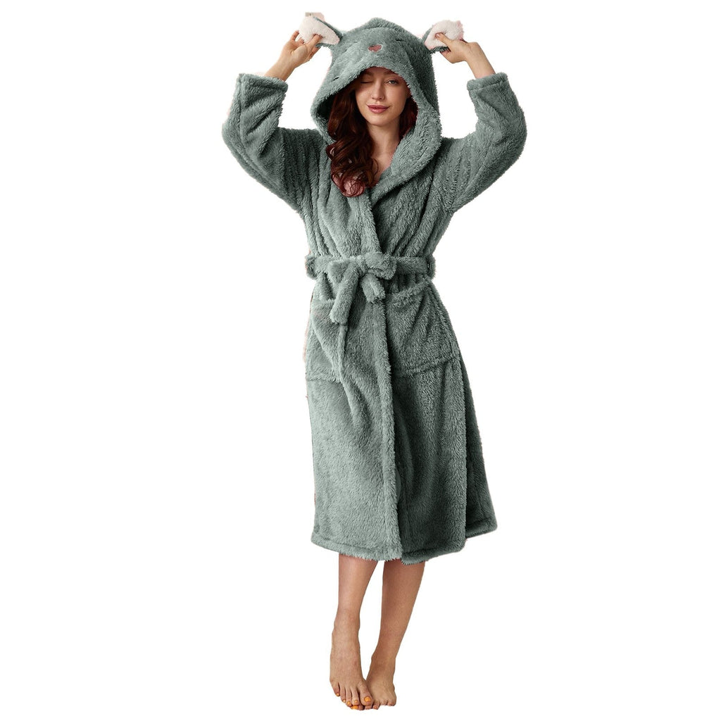 Green plush hooded bathrobe with bunny ears, long sleeves and tied waist belt