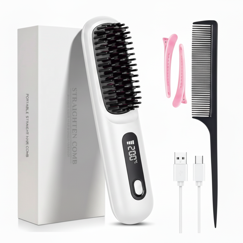 Cordless Hair Straightener Brush with LED Display - Portable USB Rechargeable Ceramic Heated Straightening Comb with Anti-Scald Negative Ionic Technology
